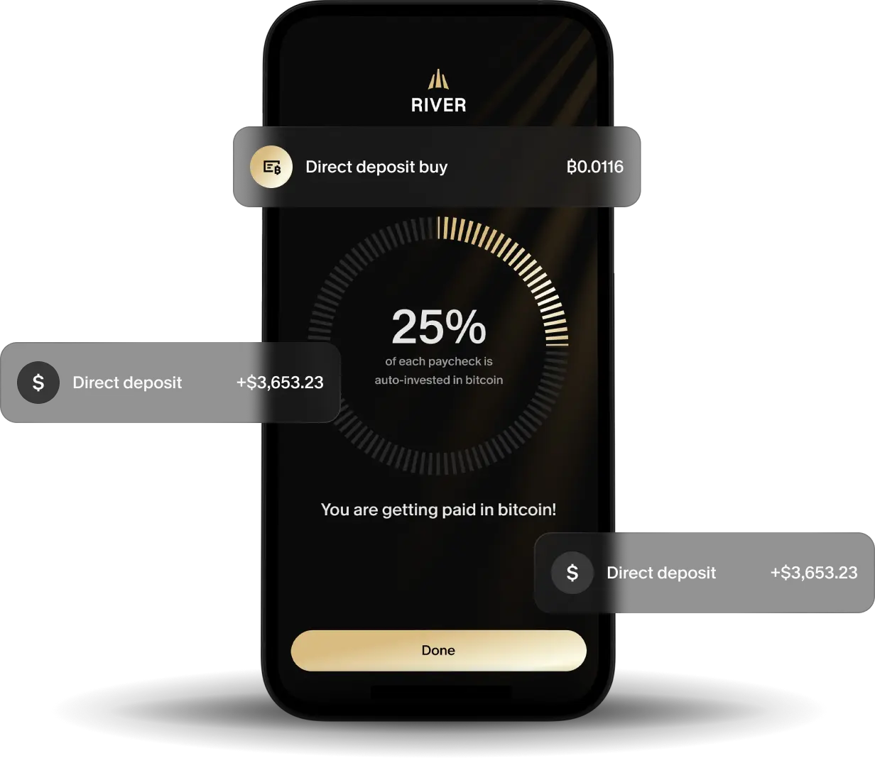 Direct deposit screen showing 25% of paycheck auto-invested in bitcoin