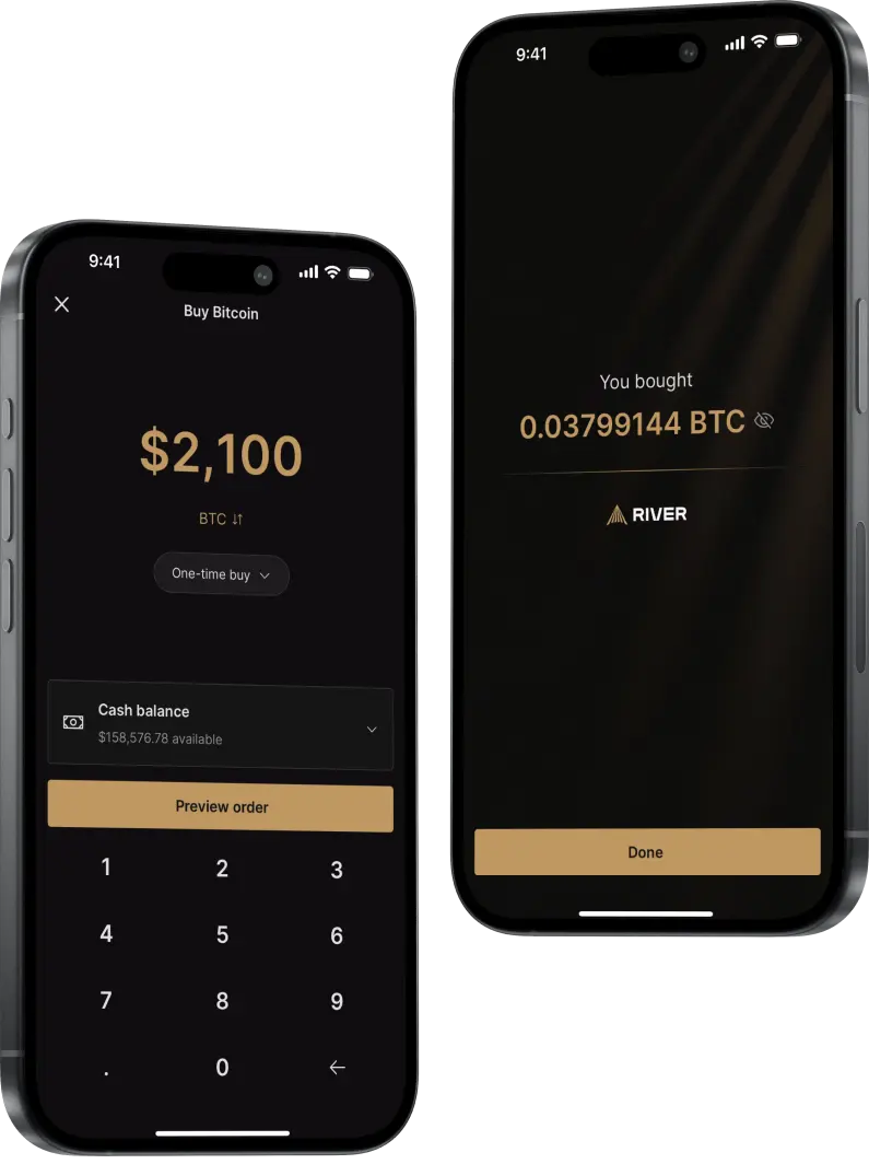 Mobile interface showing River's Bitcoin buying process