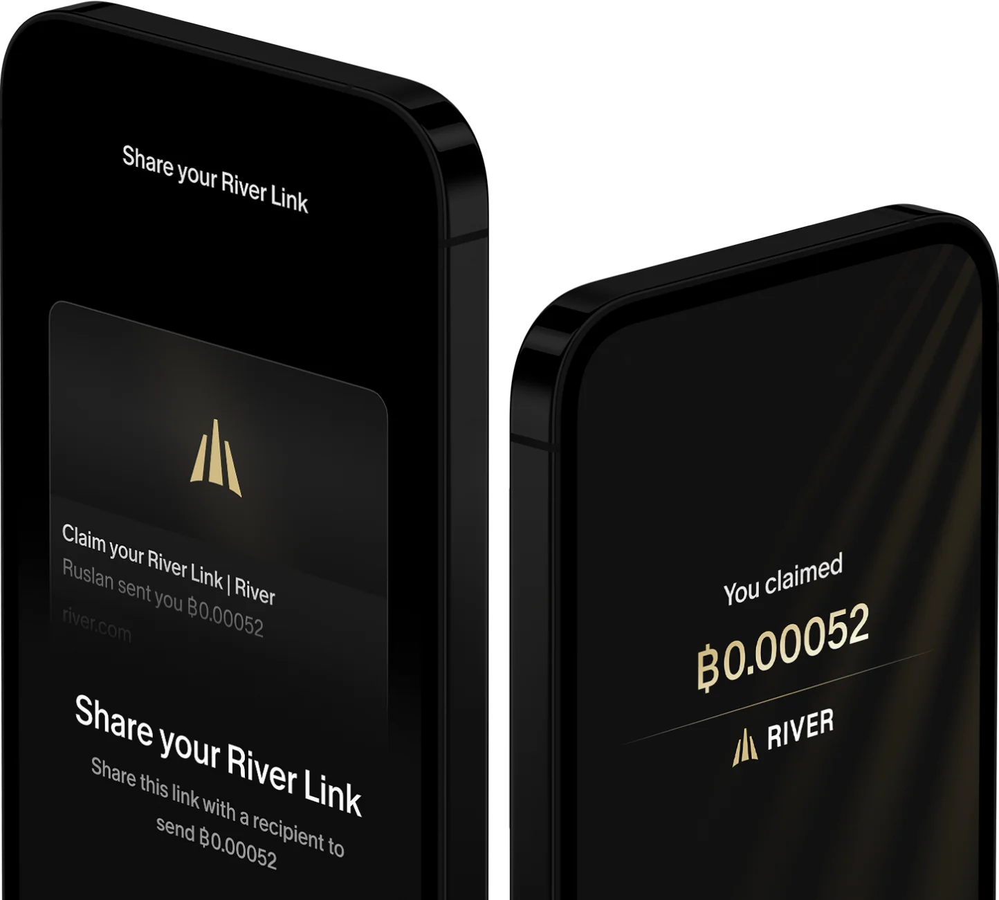 River Link sharing screens showing bitcoin transfer