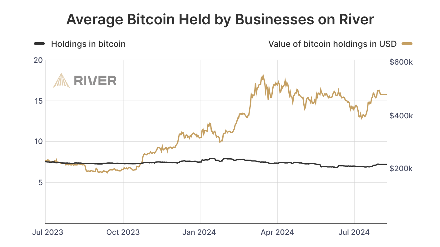 Line chart showing average Bitcoin holdings and their value in USD by businesses on River from July 2023 to July 2024.