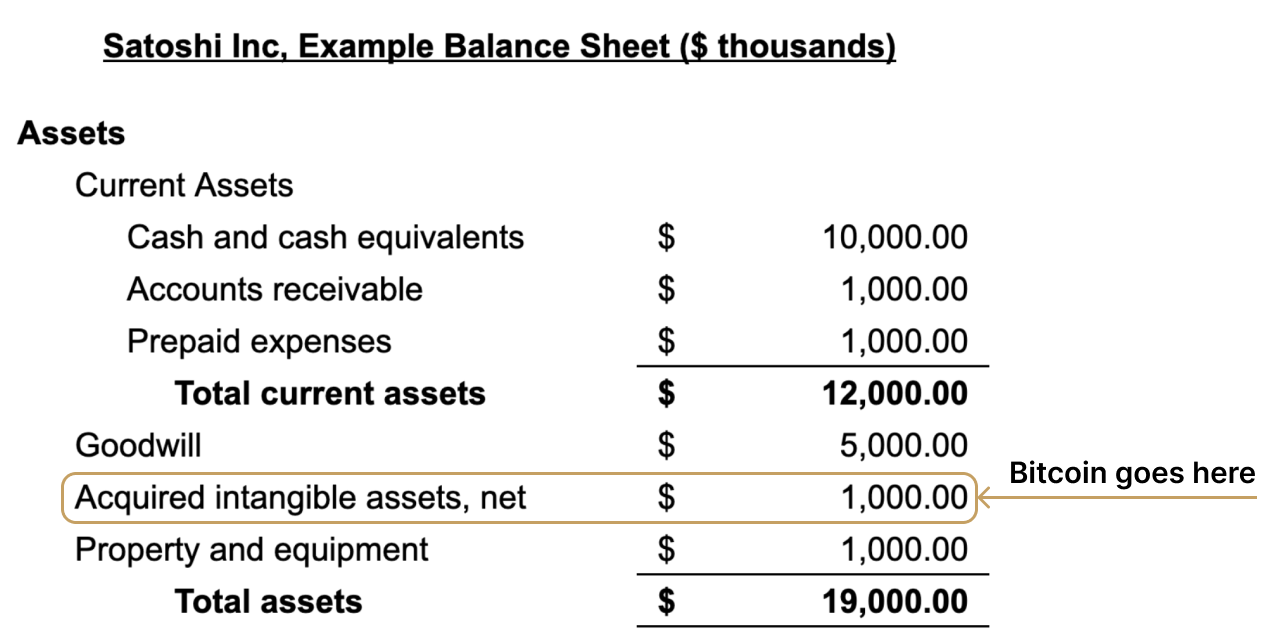 A balance sheet that shows where bitcoin holdings are included