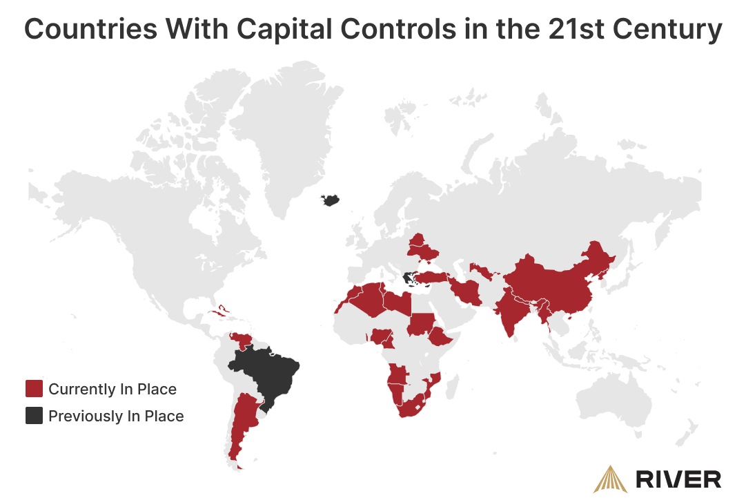 World map highlighting countries with current and past capital controls in the 21st century, showcasing regions in red for active controls and dark grey for previous implementations.