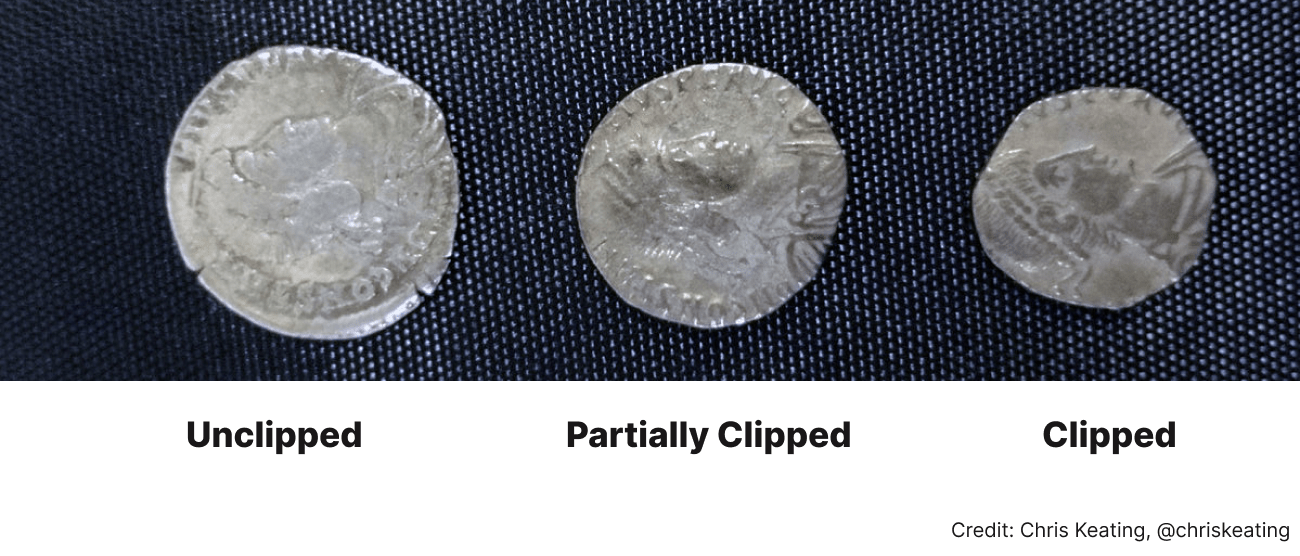 a comparison of coins that have been unclipped, semi-clipped, and clipped