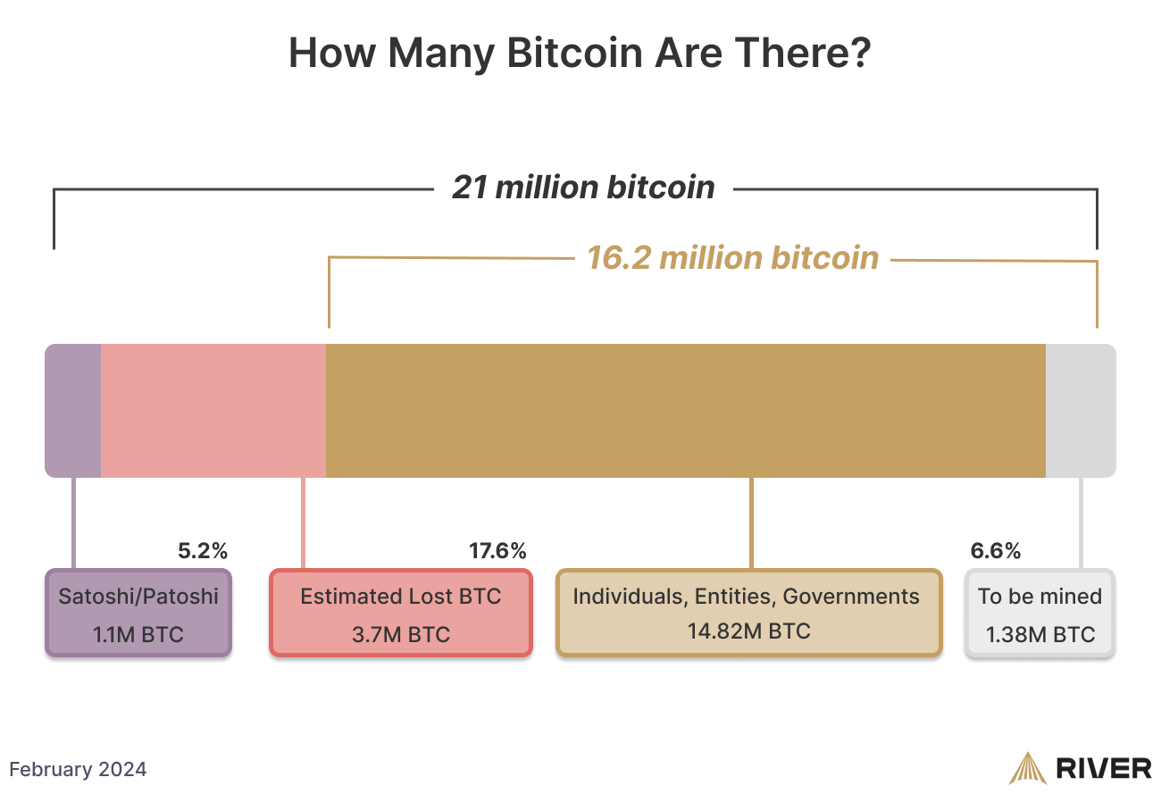 An infographic titled &quot;How Many Bitcoin Are There?&quot; from February 2024, showing a total of 21 million bitcoins, with 16.2 million in circulation. Breakdown: 5.2% held by Satoshi, 17.6% lost, 76.6% held by individuals/entities/governments, and 6.6% yet to be mined