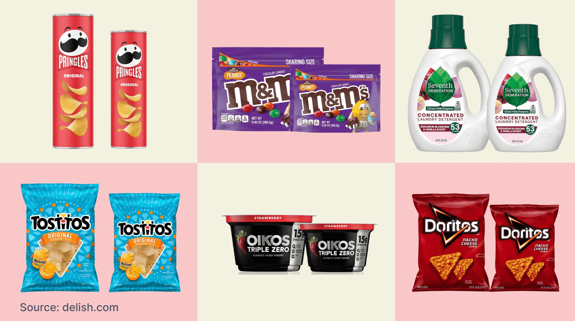 &quot;Image depicting shrinkflation with examples of popular products. Brands include Pringles, M&amp;M’s, Seventh Generation detergent, Tostitos, Oikos yogurt, and Doritos. Each product shows reduced sizes while maintaining the same price. Source: Delish.com.