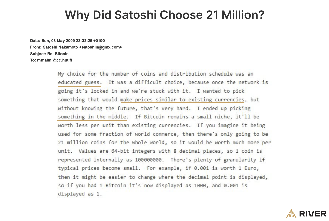 An email exchange between Satoshi Nakamoto and Martti Malmi on explaining Satoshi’s choice of a 21 million coin limit. Satoshi explains that it was chosen as an educated guess for balance so that Bitcoin’s pricing would be similar to existing currencies today.