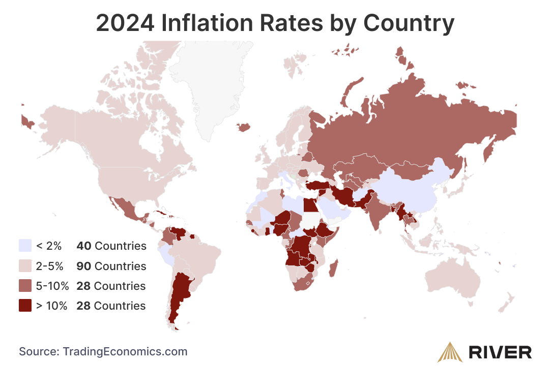 Inflation rates by country shown on a map