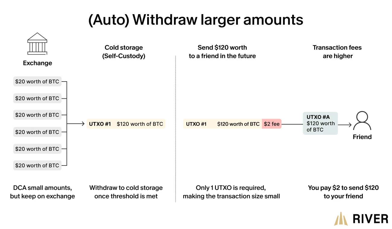 Infographic explaining the benefits of auto-withdrawing larger amounts of bitcoin to reduce UTXOs and transaction fees, illustrated by a comparison between small frequent withdrawals and a single large withdrawal from an exchange to cold storage