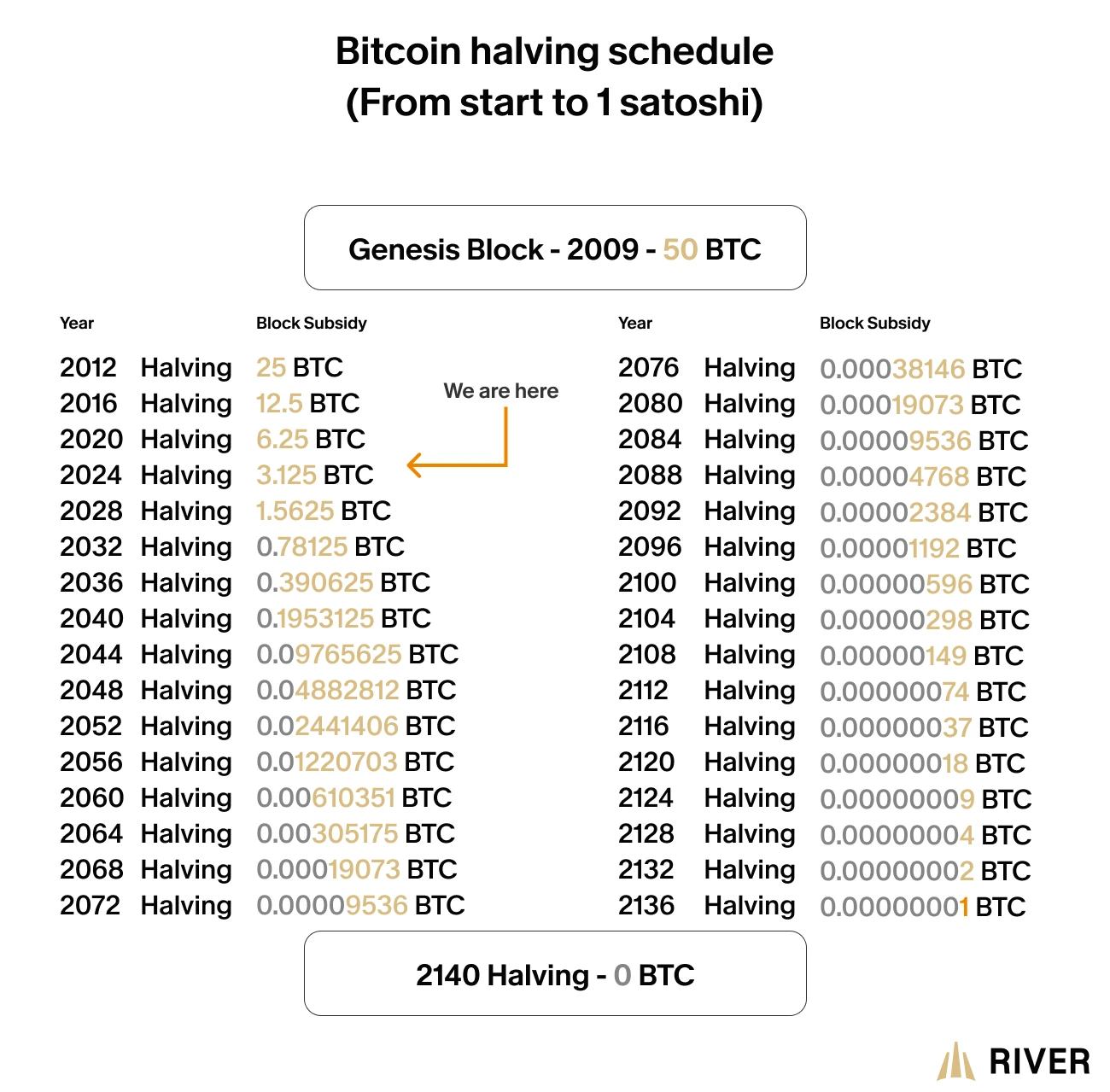 Bitcoin Halving Schedule chart depicting block reward reductions from 50 BTC in 2009 to 1 Satoshi, with halvings at intervals from 2012 to 2140