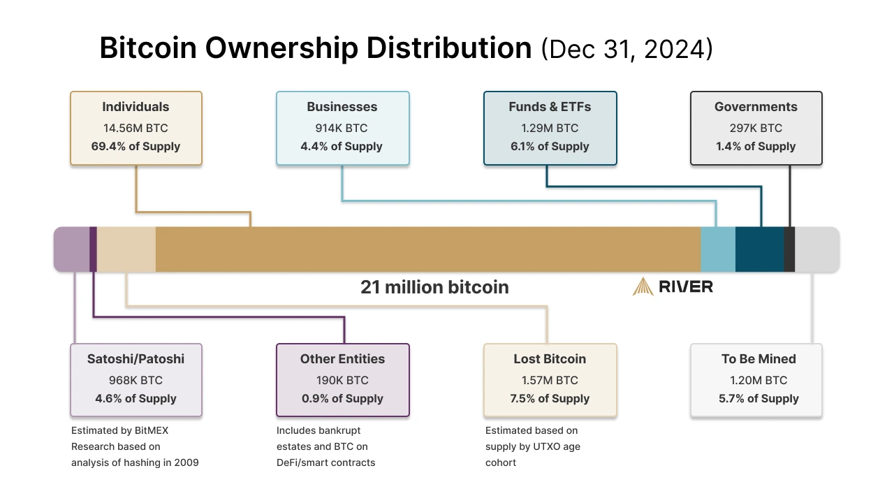 A chart showing the distribution of Bitcoin ownership among individuals, businesses, funds/ETFs, governments, Satoshi, lost BTC, and to be mined.