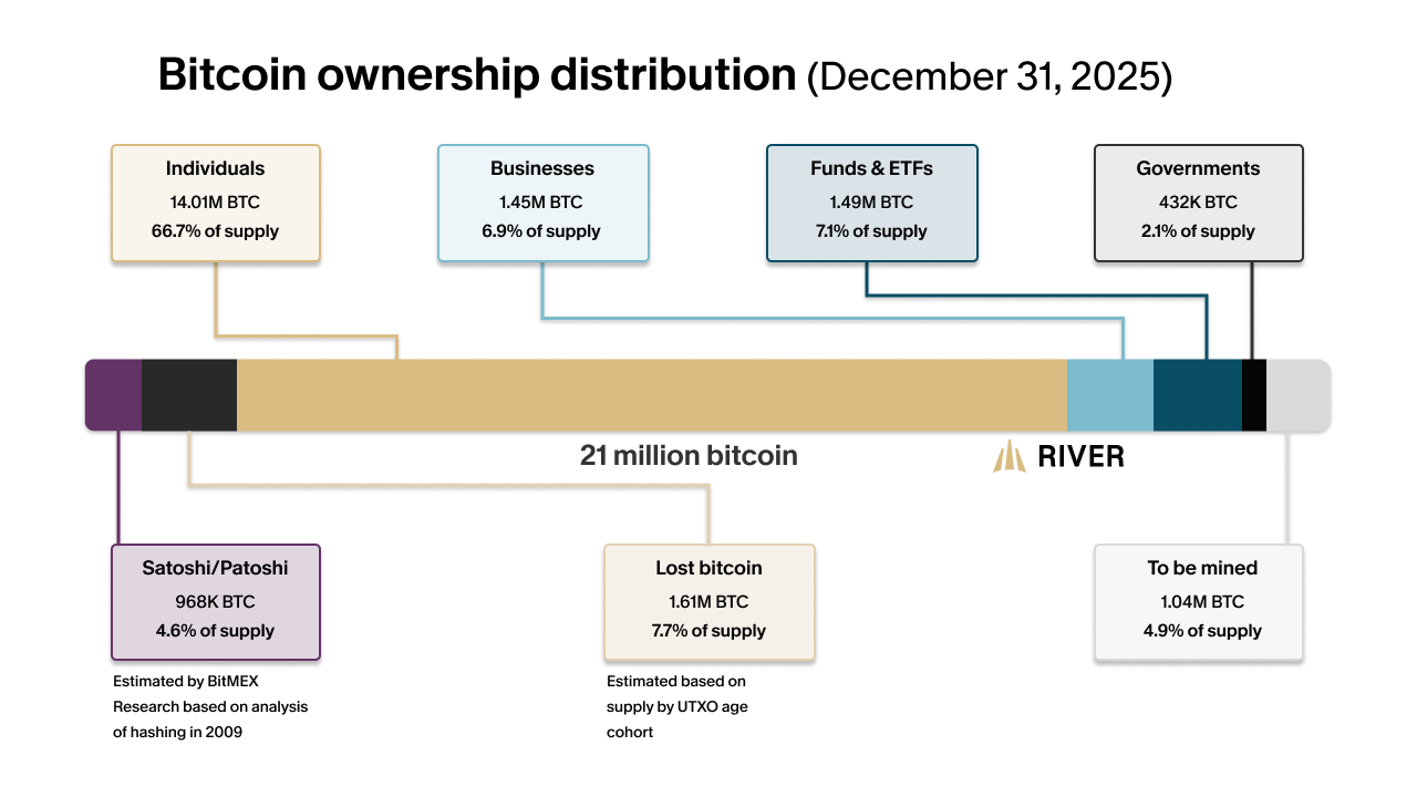Diagram showing the distribution of Bitcoin, including lost Bitcoin, Satoshi&rsquo;s Bitcoin, and remaining Bitcoin to be mined.