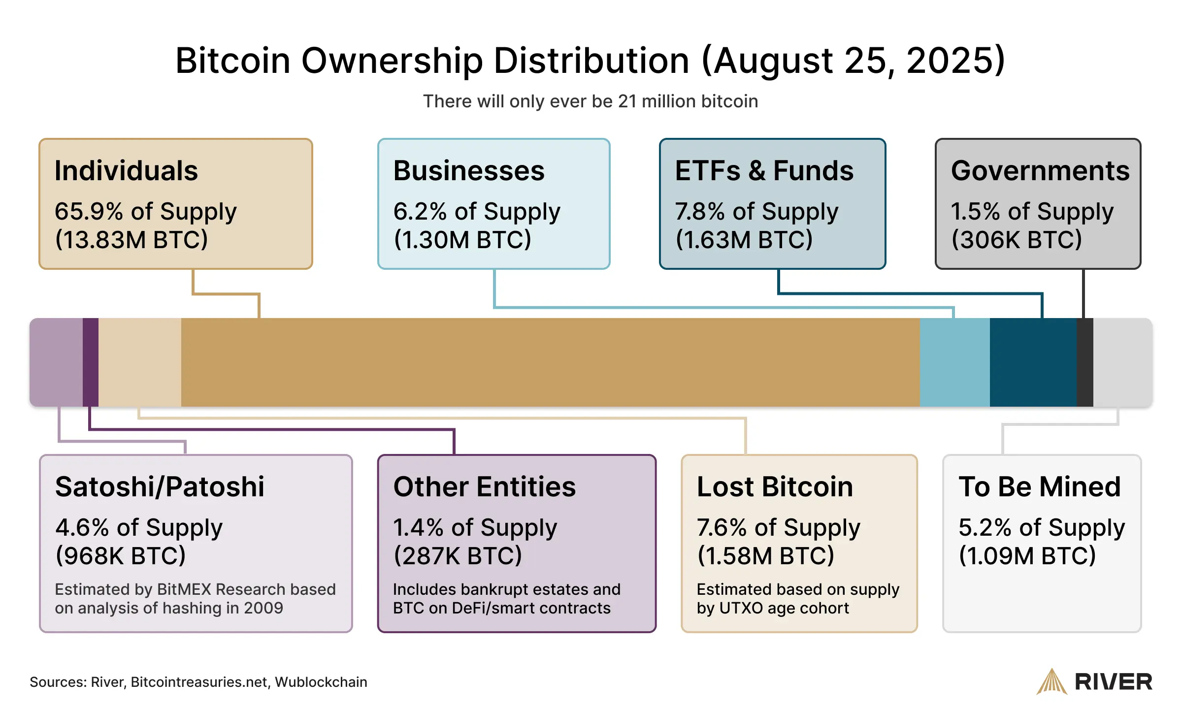 Bitcoin Ownership Distribution (August 2025) A chart showing the distribution of Bitcoin ownership among individuals, businesses, funds/ETFs, governments, Satoshi, lost BTC, and to be mined.