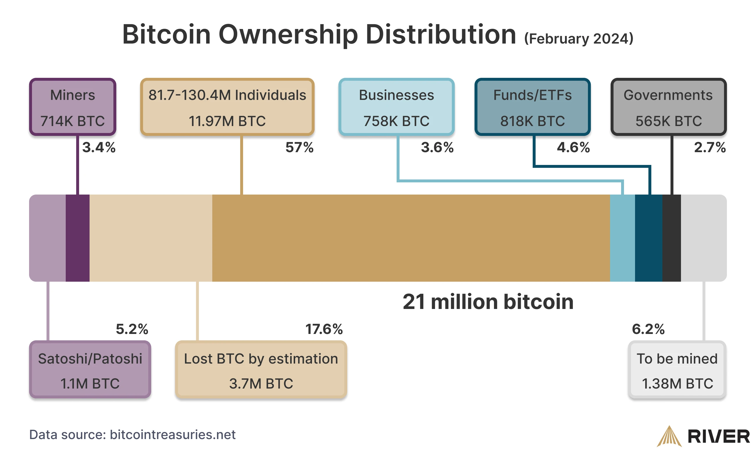 The image is an infographic detailing the distribution of Bitcoin ownership as of February 2024, with a total cap of 21 million Bitcoins. It breaks down the percentage and amount of Bitcoin held by various entities: Miners (3.4%, 714K BTC), Individuals (57%, 11.97M BTC), Businesses (3.6%, 758K BTC), Funds/ETFs (3.9%, 818K BTC), Governments (2.7%, 565K BTC), Satoshi/Patoshi (5.2%, 1.1M BTC), and Lost Bitcoins (17.6%, 3.7M BTC). It also notes that 6.6% of Bitcoin (1.38M BTC) is still to be mined. The source of the data is bitcointreasuries.net