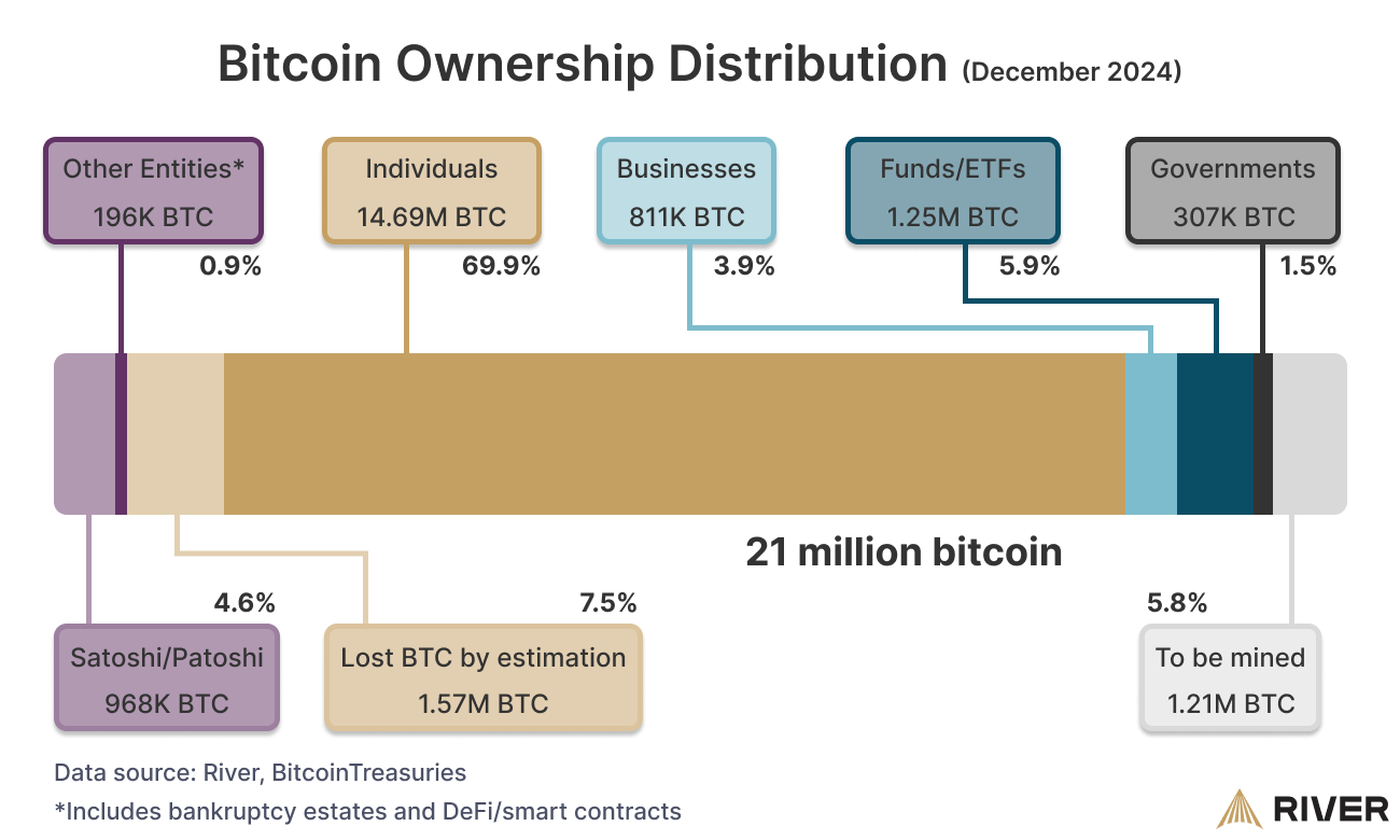 A chart showing the distribution of Bitcoin ownership among individuals, businesses, funds/ETFs, governments, Satoshi, lost BTC, and to be mined.