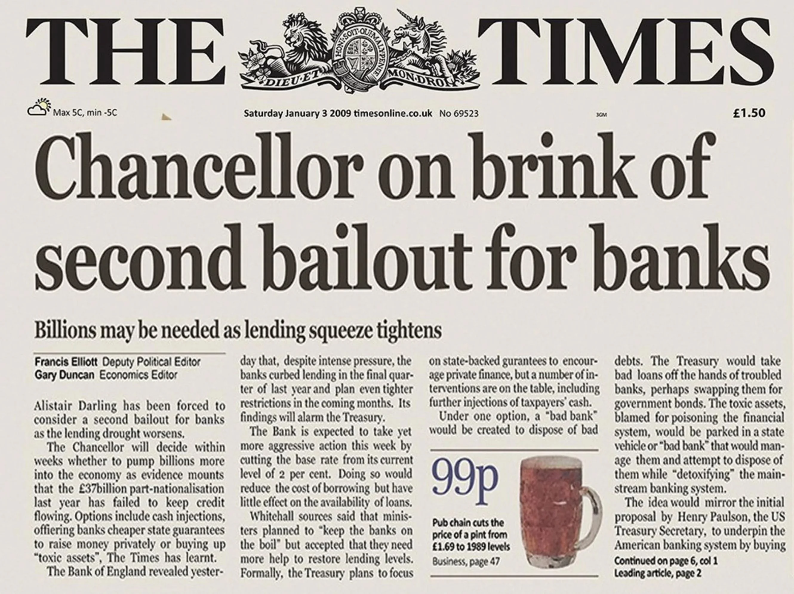 The Times newspaper headline from January 3, 2009, ‘Chancellor on brink of second bailout for banks,’ as cited in Bitcoin’s genesis block.