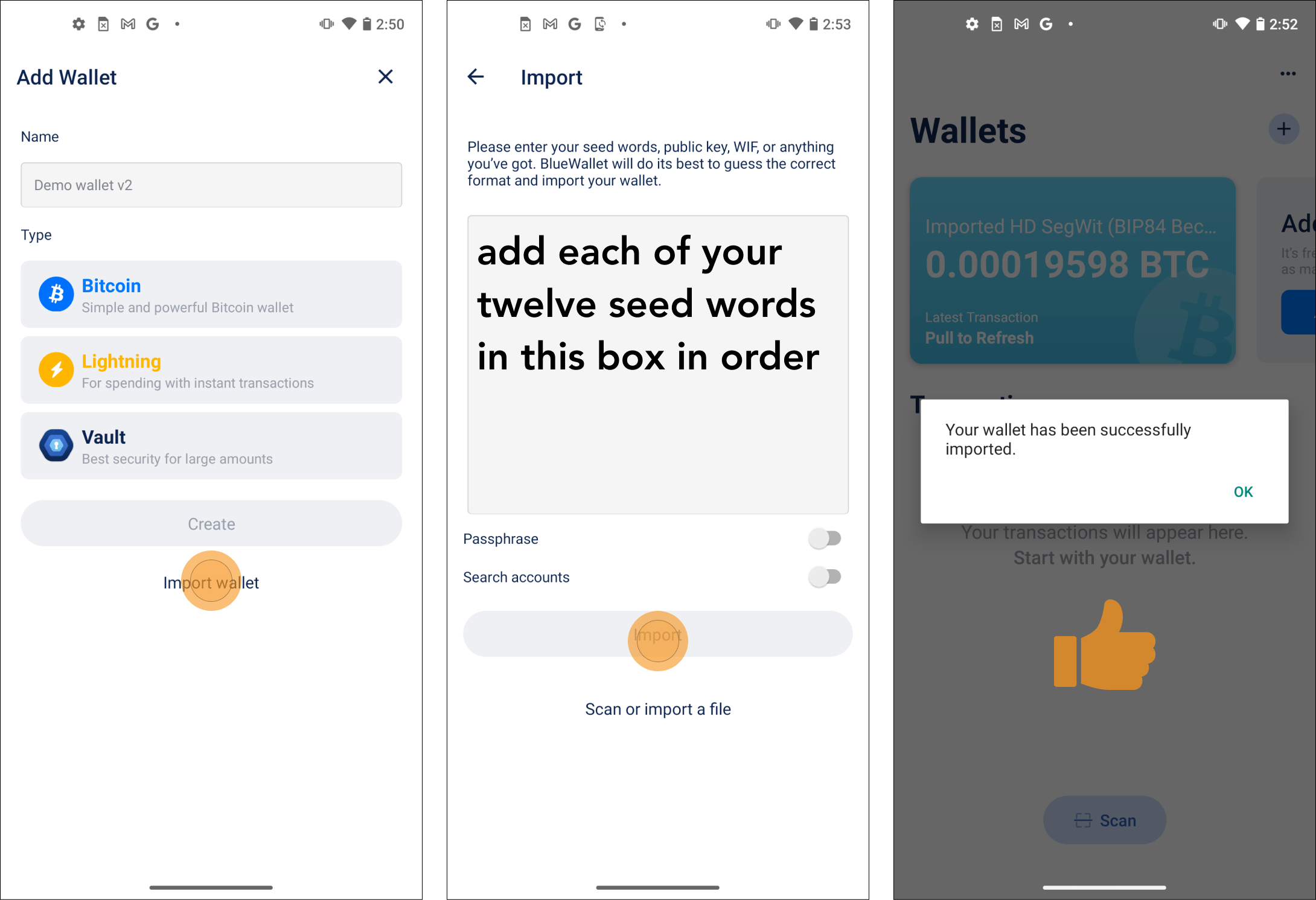 Showing how to import a wallet from seed