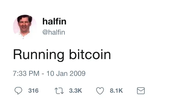 Hal Finney’s 2009 tweet announcing ‘Running bitcoin,’ marking the early days of Bitcoin’s existence.