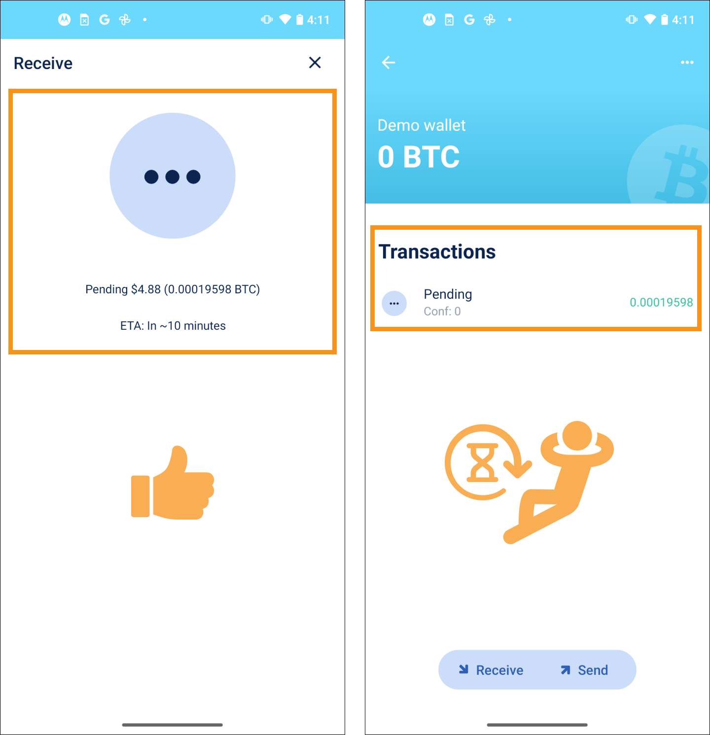 Pending transaction screens