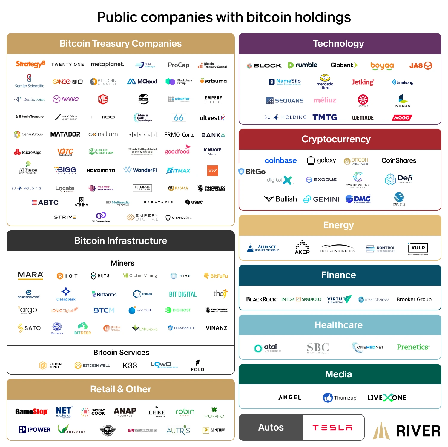 A categorized chart listing companies holding bitcoin, grouped by sector including treasury, technology, crypto, energy, finance, healthcare, and more.