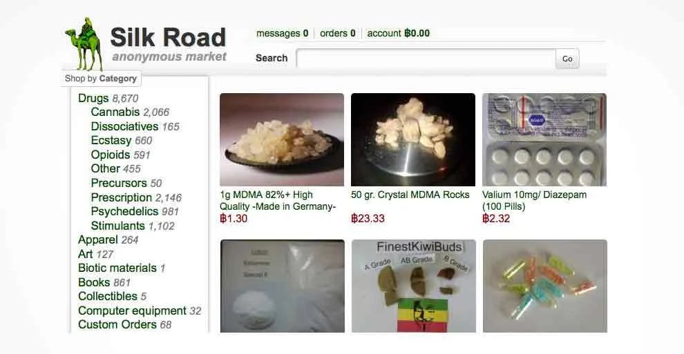 Screenshot of the Silk Road anonymous darknet marketplace homepage, showing drug category listings (cannabis, ecstasy, opioids, psychedelics) and product offerings priced in bitcoin.