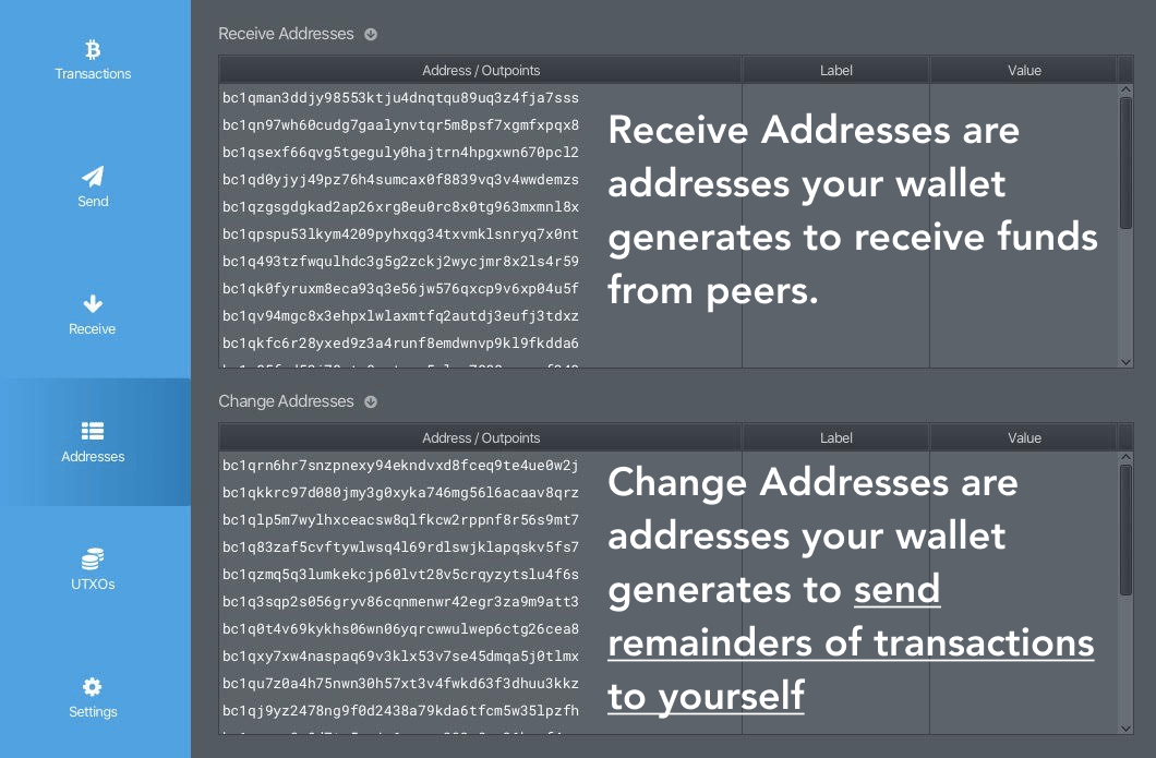 Sparrow Wallet address list screen