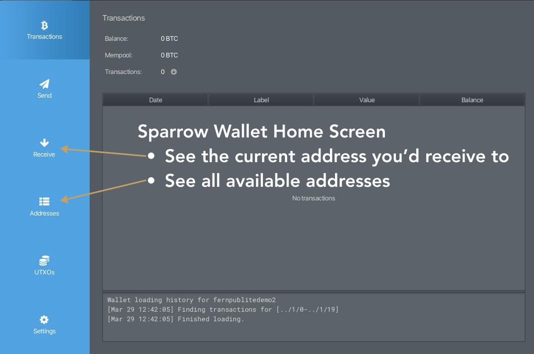 Sparrow Wallet home screen