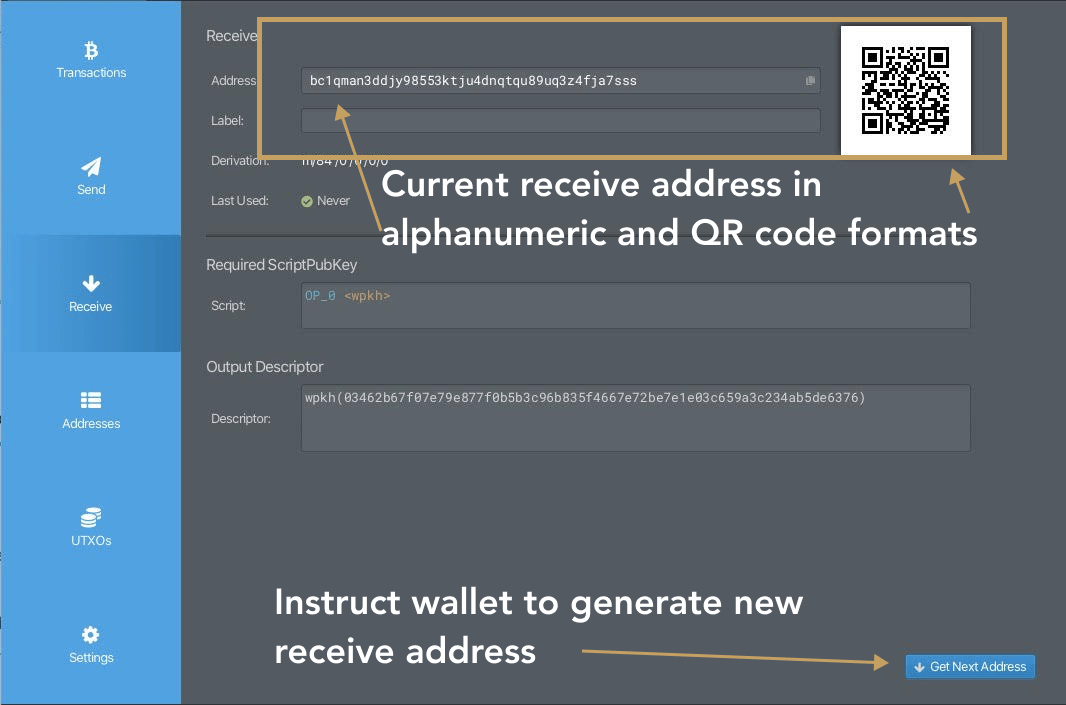 Sparrow Wallet receive address screen