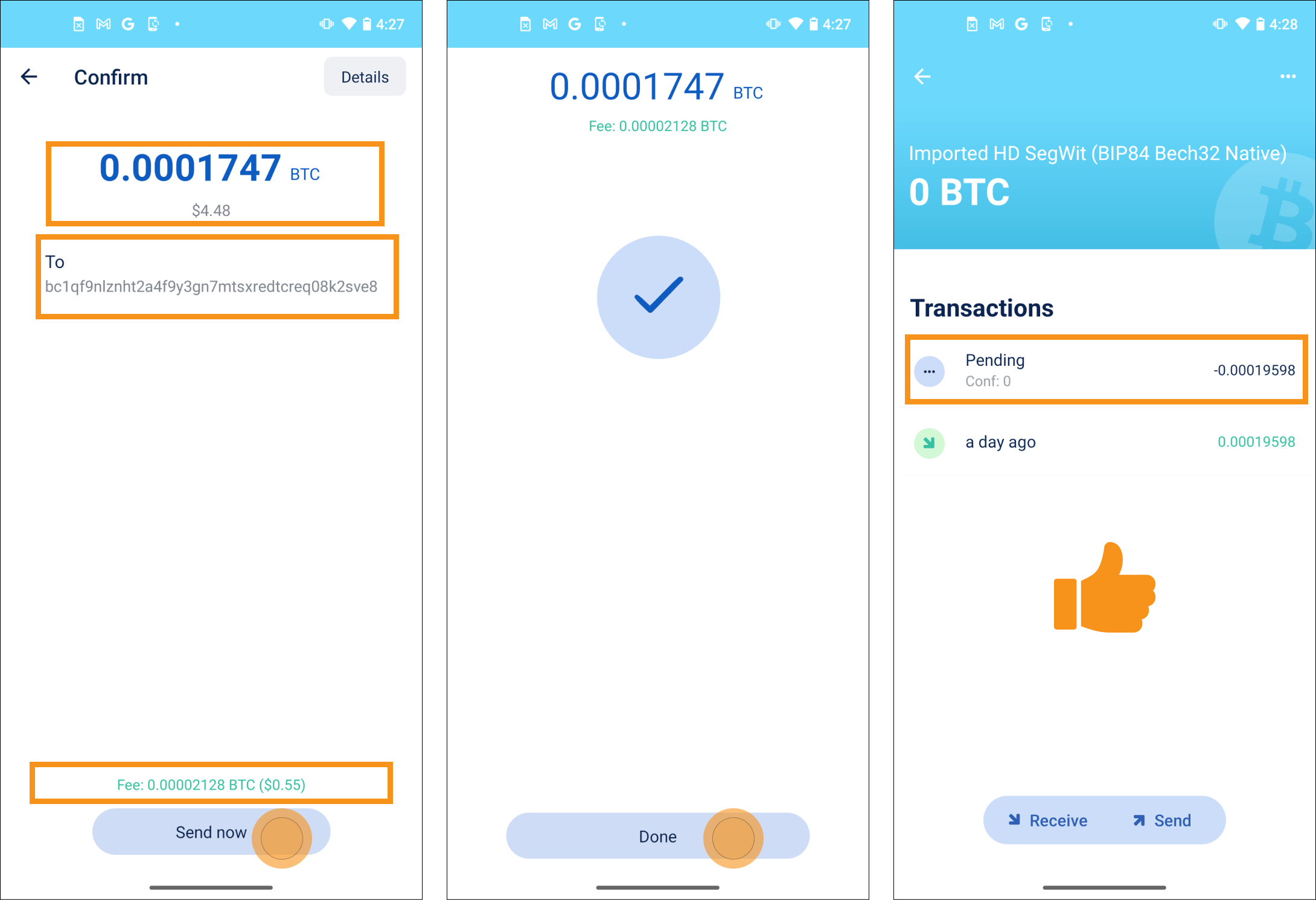 Screens indicating a successfully sent transaction