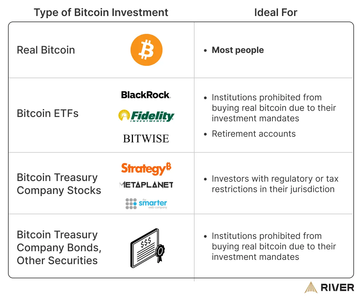 A table outlining four types of bitcoin investments—real bitcoin, ETFs, treasury company stocks, and bonds—along with who they’re ideal for.