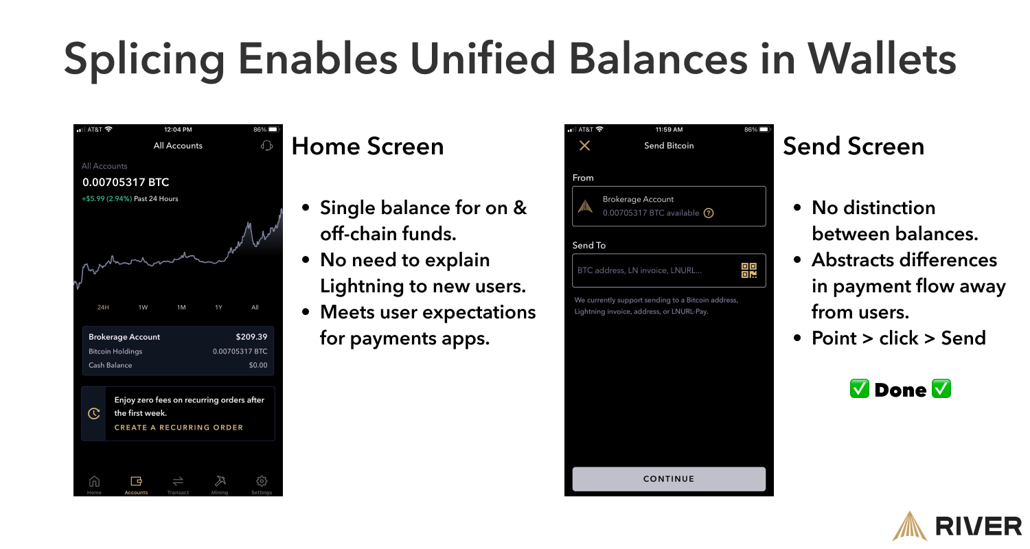 Image displaying River’s home and send screen with no distinction between Lightning and on-chain funds