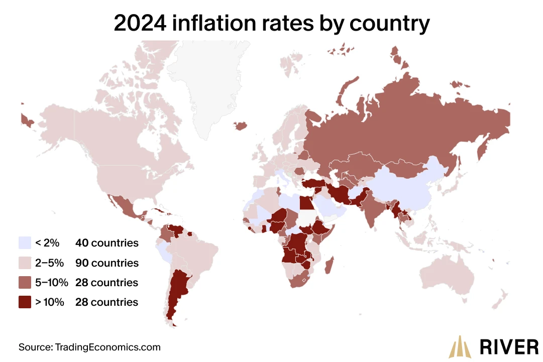 Map of Inflation Rates by Country Inflation rates by country shown on a map