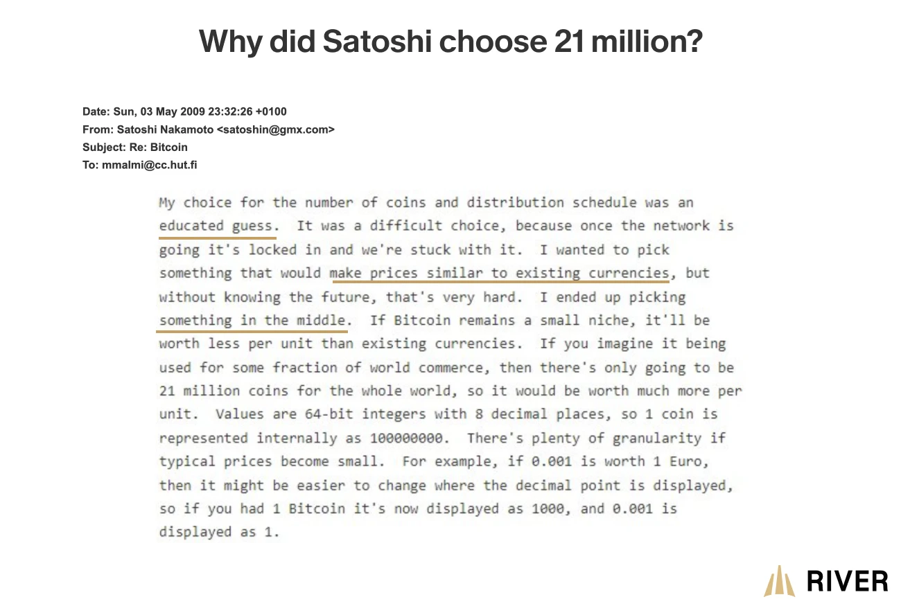 An email exchange between Satoshi Nakamoto and Martti Malmi on explaining Satoshi's choice of a 21 million coin limit. Satoshi explains that it was chosen as an educated guess for balance so that Bitcoin's pricing would be similar to existing currencies today. An email exchange between Satoshi Nakamoto and Martti Malmi on explaining Satoshi’s choice of a 21 million coin limit. Satoshi explains that it was chosen as an educated guess for balance so that Bitcoin’s pricing would be similar to existing currencies today.